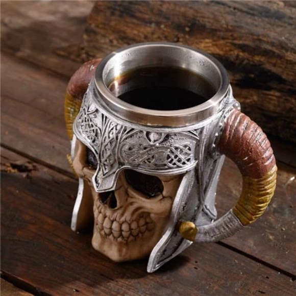 Stainless Steel Double Handle Horn Skull BeerCup,Viking Warrior SkullMug Tankard - Picture 5 of 6